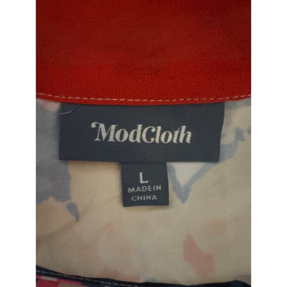 ModCloth Gleeful Again Tie Neck Blouse Womens Large Blue Floral Retro Office - Picture 7 of 11